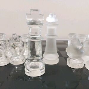 Pavilion Chess Set Black Glass Chess Board 32 Clear & Frosted Pieces - 3" King